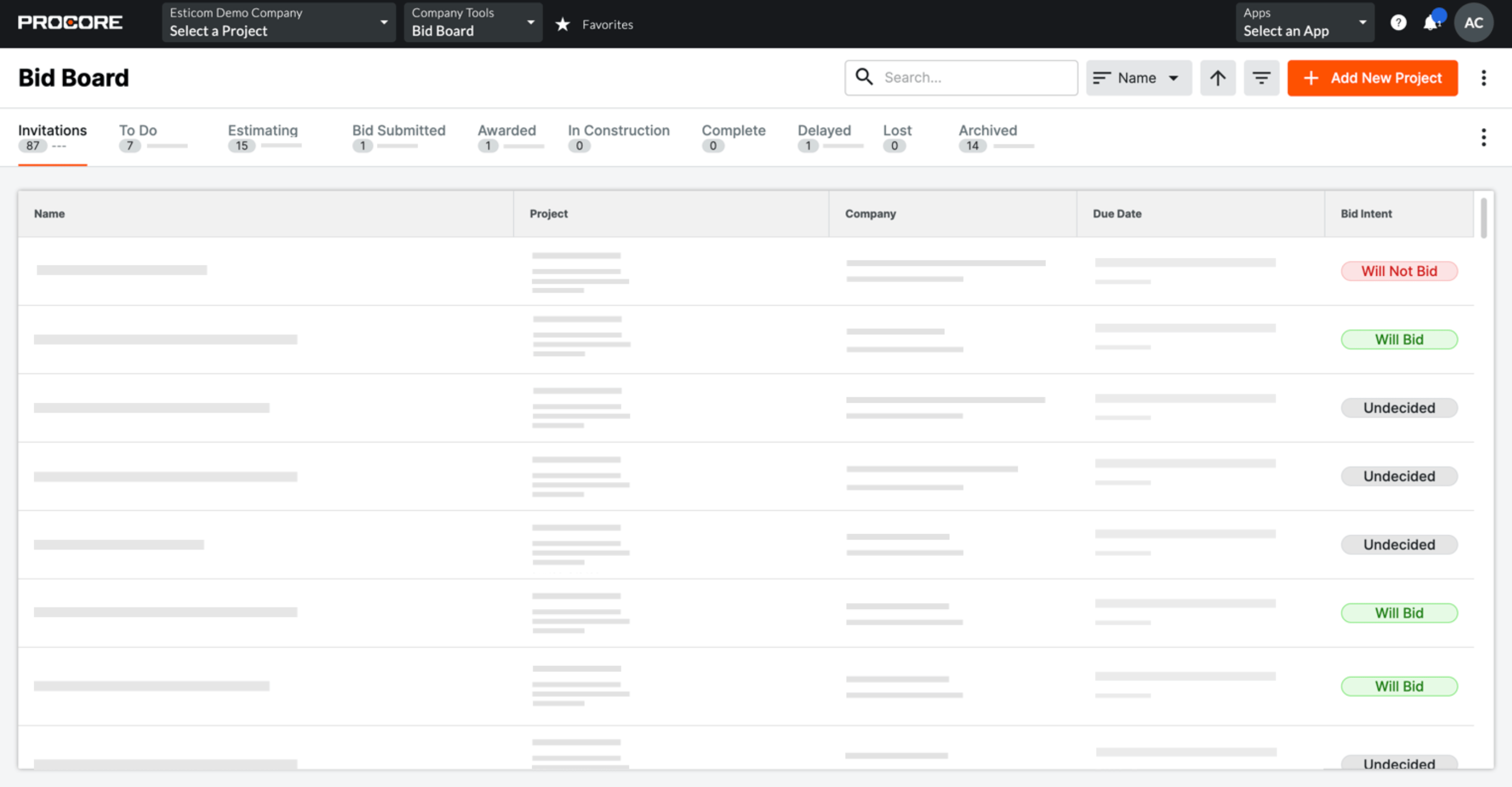 Procore's Bid Board